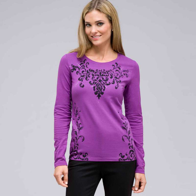 Long Sleeve Crew Neck Top, Meadow Violet Multi, large image number 0